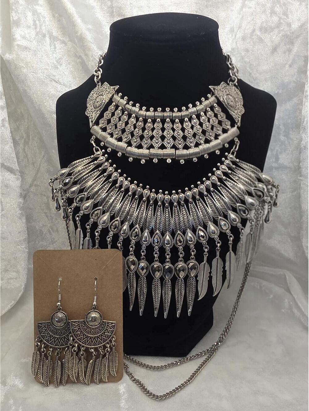 Statement Fringe Necklace Set Silver Tone Tribal Bib Necklace 17–20” Adjustable
